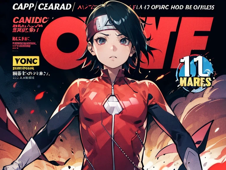 Sarada Uchiha,bodysuit, Estilo de capa de quadrinhos,Comic book cover title,super hero land, colam, action, tightsuit