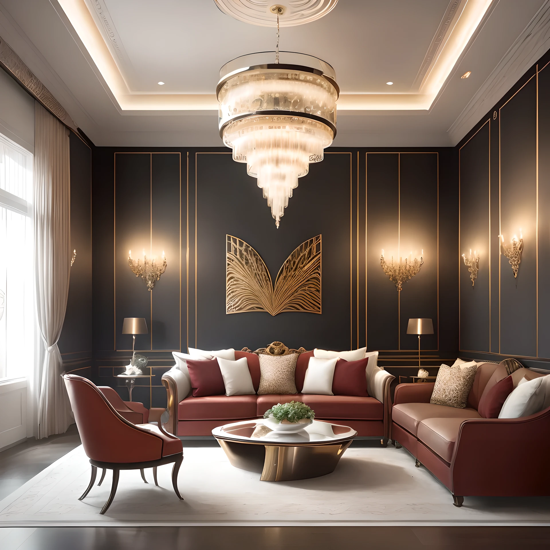 Art Deco, Wall decoration, Symmetrical geometric pattern, Mirror and metal decoration, Streamlined and dynamic elements, Interior design, luxurious decor, modern