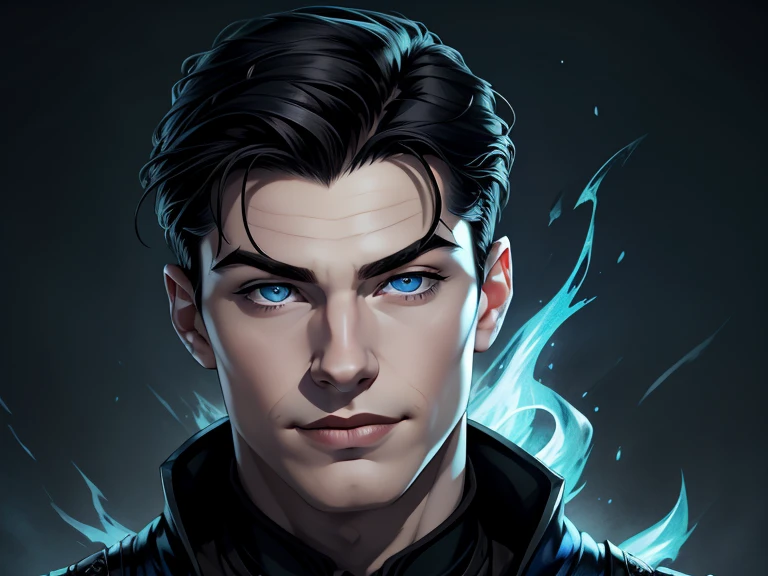masterpiece, best quality, realistic, 1boy, mature male, quiet and charming young , 17 year old, a smirk, closed mouth, pale skin, portrait, extremely detailed face, cold and smirk, ((blue eyes)), ((short-right-swept dark black hair)), [thick eyebrows], dark palace, ((King)), dim light, evil, blue fire background