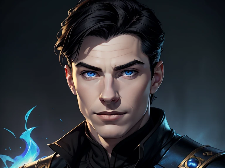 masterpiece, best quality, realistic, 1boy, mature male, quiet and charming young teen, 17 year old, a smirk, closed mouth, pale skin, portrait, extremely detailed face, cold and smirk, ((blue eyes)), ((short-right-swept dark black hair)), [thick eyebrows], dark palace, ((King)), dim light, evil, blue fire background