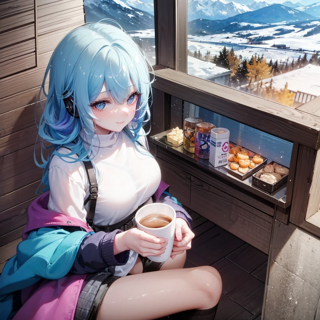 A young woman with tied-up colored hair and eyes resembling a rainbow, listening to calm music on headphones, with a sexy smile, holding a cup of coffee, dressed in cold weather clothing, in a chalet at the base of a mountain. An image that inspires calmness, tranquility, lightness, simplicity, and comfort.