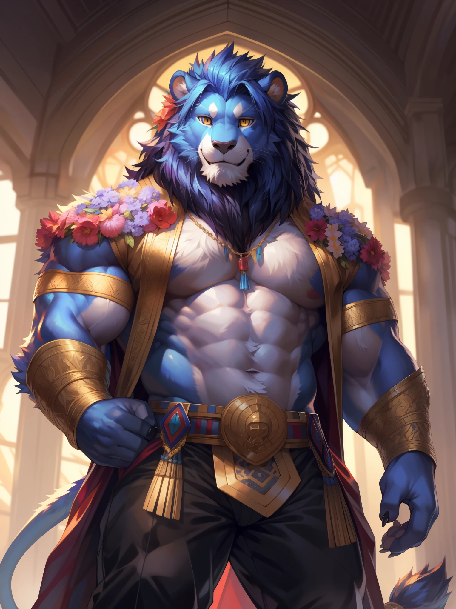 solo,anthro,furry,furry male, Lion, ((fluffy fur,fluffy,furry body)), (blue fur, Lion print), (blue body), majestic mane, yellow eyes, monk gi, tail, Long blue hair, regal hair, detailed fluffy fur, white chest, white abs, detailed face, detailed eyes, decorative uniform, flowers on shoulder, braided hair, flower accessory, slack pants, trident in hand, hair accessories, sleeveless, detailed chest, detailed abs, black slack pants, decorative coat, decorative belt, gold trimmings, padded armor, tail accessory, lion tail, full body, claws, fantasy grand monastery, (by null-ghost,by raccoon21, masterpiece, high quality,hi-res,8k had), standing pose,close-view portrait, looking at viewer, indoor, lights, happy expression, calm, happy, smile, open mouth, dark shadows,