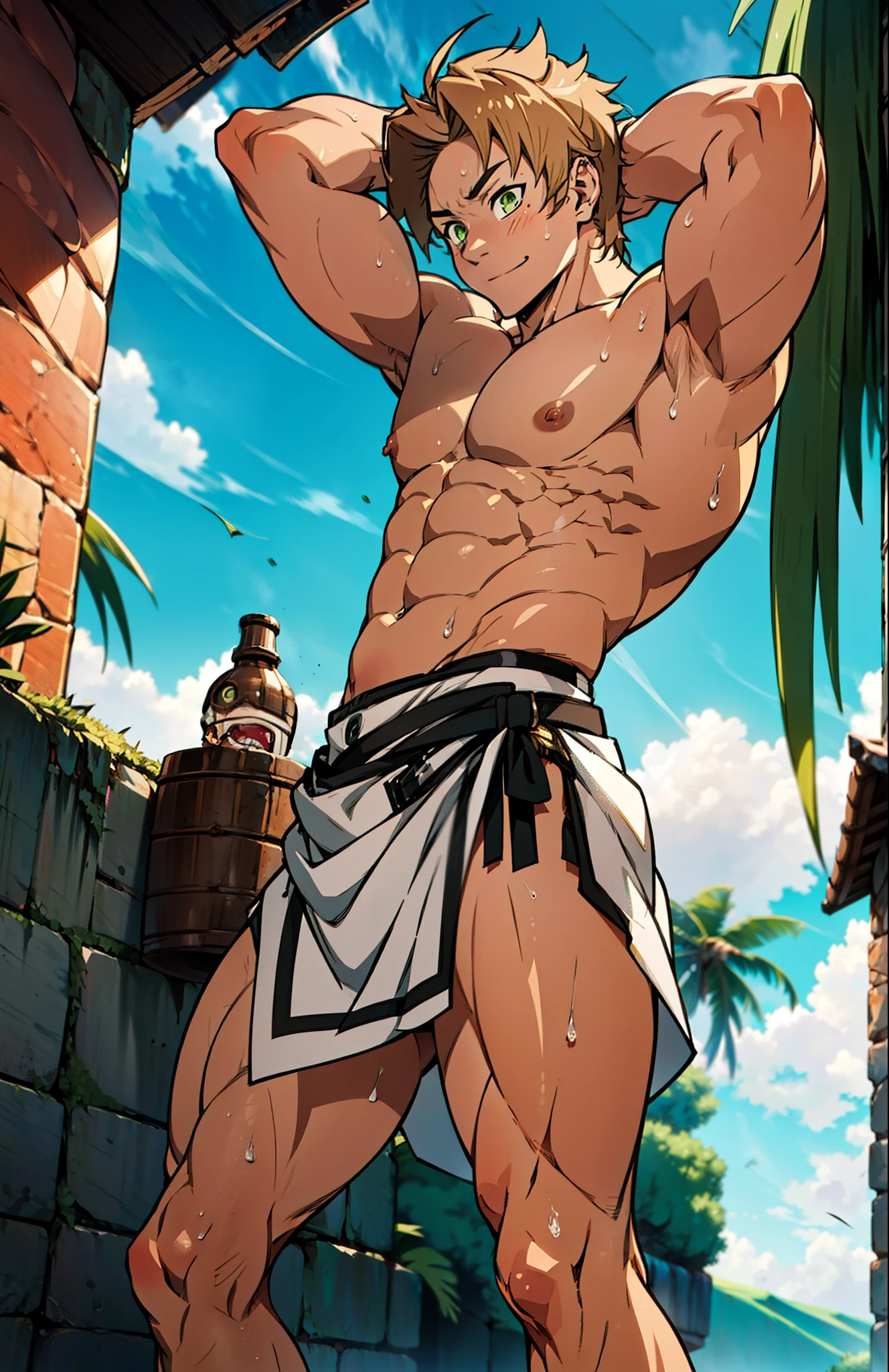 Showing off his muscular muscular back, red skin, bright red skin, the boy blushed shyly , rosy skin, shiny skin(muscular thigh muscles )( anime style, art) (photo angle from bottom up) (photo angle from the ground upwards) [Anime photo][highest quality photo][4k,HD photo quality ] wear tight and short loincloths , bulging loincloths, torn loincloths, wet loincloths, ancient, dirty loincloths (muscular thigh muscles, firm thigh muscles, muscular thigh muscles, sinewy thigh muscles, giant thigh muscles, strong leg muscles, muscular hamstring leg muscles)(thigh muscles bulging as if about to explode, muscular, calloused, sinewy, giant) , Rudeus Greyrat,fun, happy, huge body, muscular and muscular, bodybuilder, bodybuilding, standing, lots of sweat flowing down, topless, shirtless, hot sunny, 8 pack abs , short hair , green eyes, Side View , Raise your arms high to reveal your armpits, Hands behind the head.