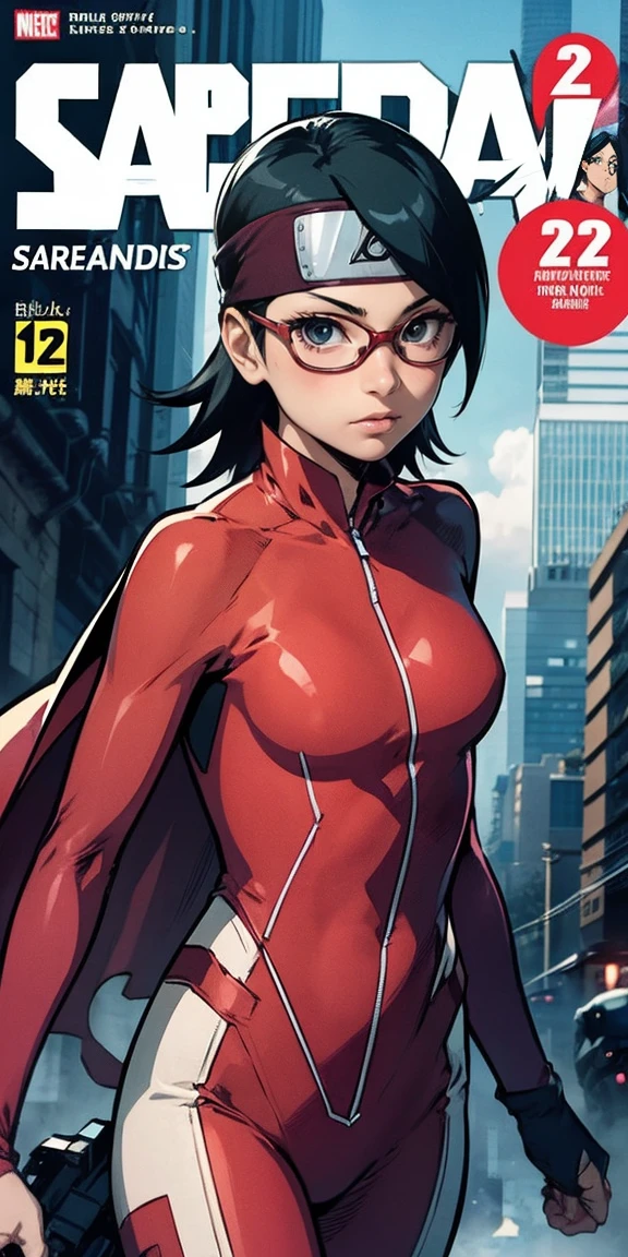 Sarada Uchiha,bodysuit, Estilo de capa de quadrinhos，Comic book cover title,super hero land, colam, action, tightsuit