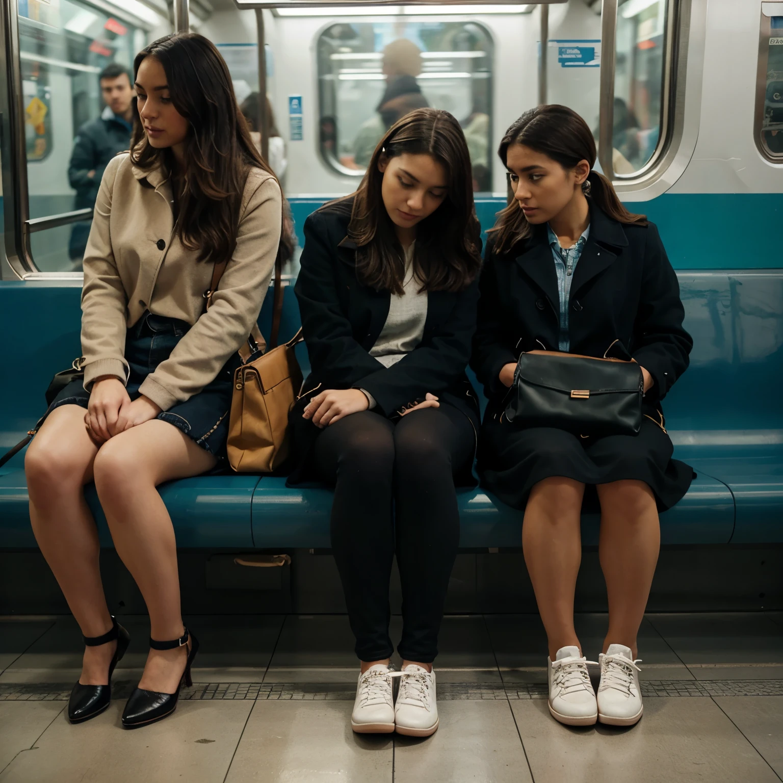 First person point of view looking at shoes on a Subway