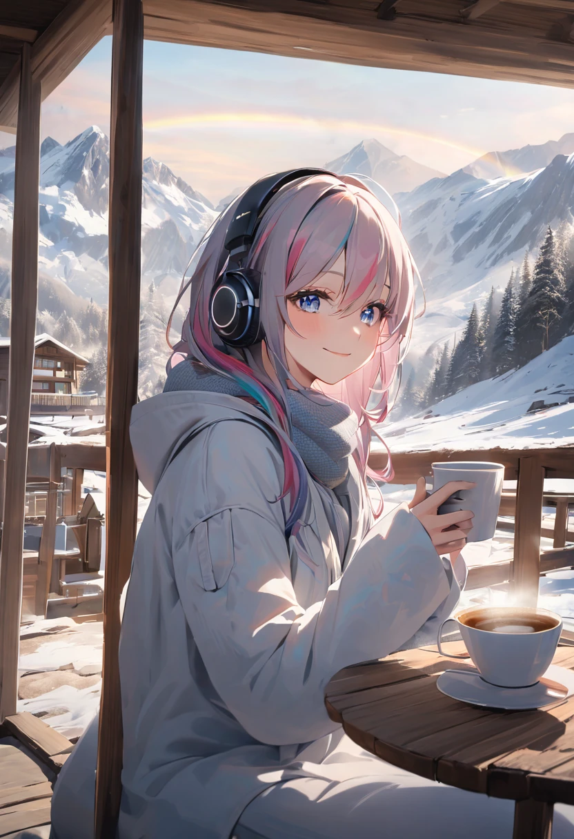 A young woman with tied-up colored hair and eyes resembling a rainbow, listening to calm music on headphones, with a sexy smile, holding a cup of coffee, dressed in cold weather clothing, in a chalet at the base of a mountain. An image that inspires calmness, tranquility, lightness, simplicity, and comfort.