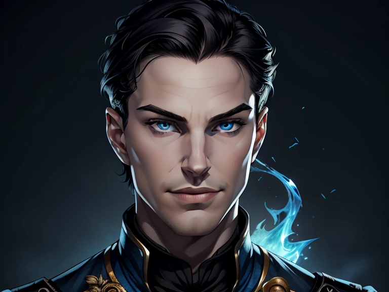 masterpiece, best quality, realistic, 1boy, mature male, quiet and charming young boy, 16 year old, a smirk, closed mouth, pale skin, portrait, extremely detailed face, cold and smirk, ((blue eyes)), ((short-right-swept dark black hair)), [thick eyebrows], dark palace, ((Prince)), dim light, evil, blue fire background