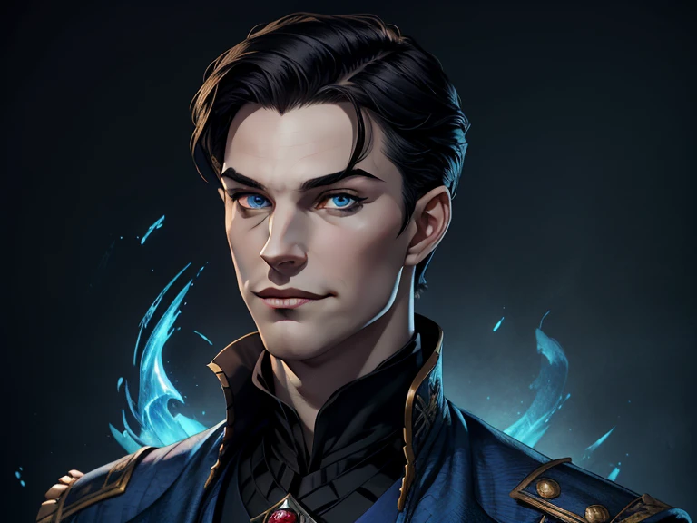 masterpiece, best quality, realistic, 1boy, mature male, quiet and charming young boy, 16 year old, a smirk, closed mouth, pale skin, portrait, extremely detailed face, cold and smirk, ((blue eyes)), ((short-right-swept dark black hair)), [thick eyebrows], dark palace, ((Prince)), dim light, evil, blue fire background