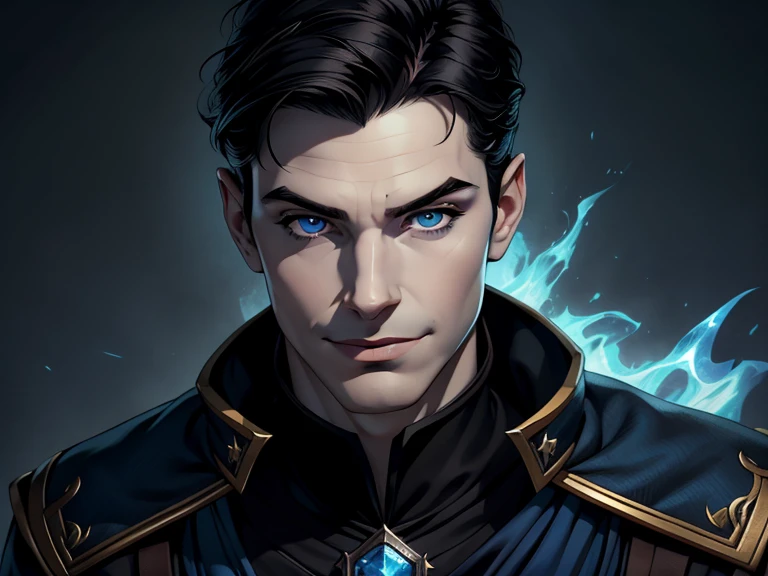 masterpiece, best quality, realistic, 1boy, mature male, quiet and charming young boy, 16 year old, a smirk, closed mouth, pale skin, portrait, extremely detailed face, cold and smirk, ((blue eyes)), ((short-right-swept dark black hair)), [thick eyebrows], dark palace, ((Prince)), dim light, evil, blue fire background