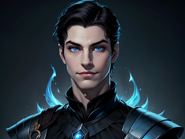 masterpiece, best quality, realistic, 1boy, young male, quiet and charming young boy, 16 year old, a smirk, closed mouth, pale skin, portrait, extremely detailed face, cold and smirk, ((blue eyes)), ((short-right-swept dark black hair)), [thick eyebrows], dark palace, ((Prince)), dim light, evil, blue fire background