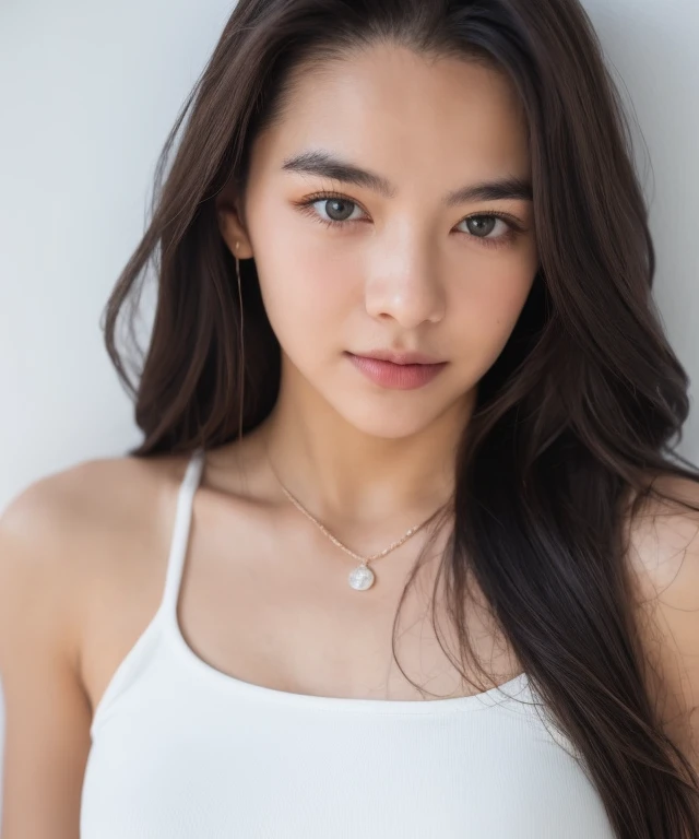 portrait, Woman, look at viewer, long hair, tank top, white background