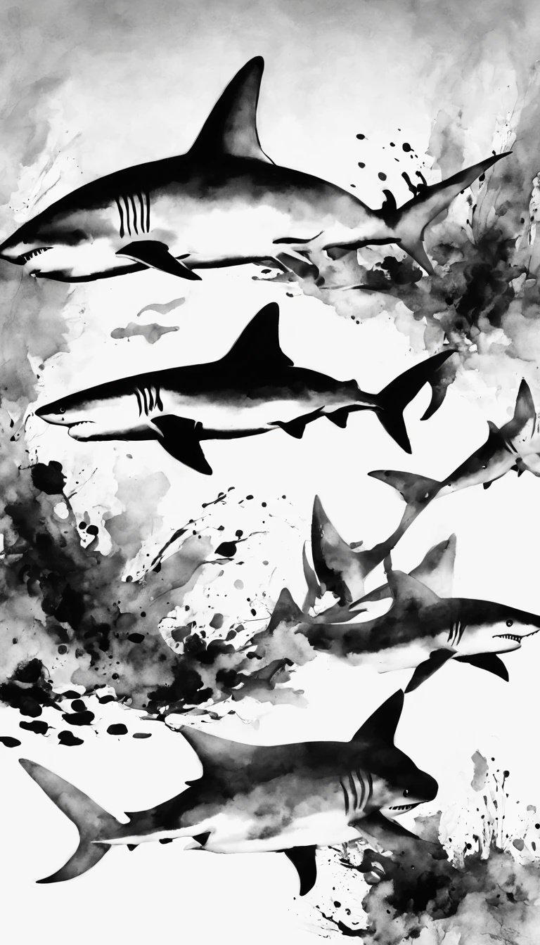 ink painting shark、black and white shark、black and white ink painting、shark ink painting、shark ink painting、no people are depicted、Ink painting of shark only、ink painting in the sea、