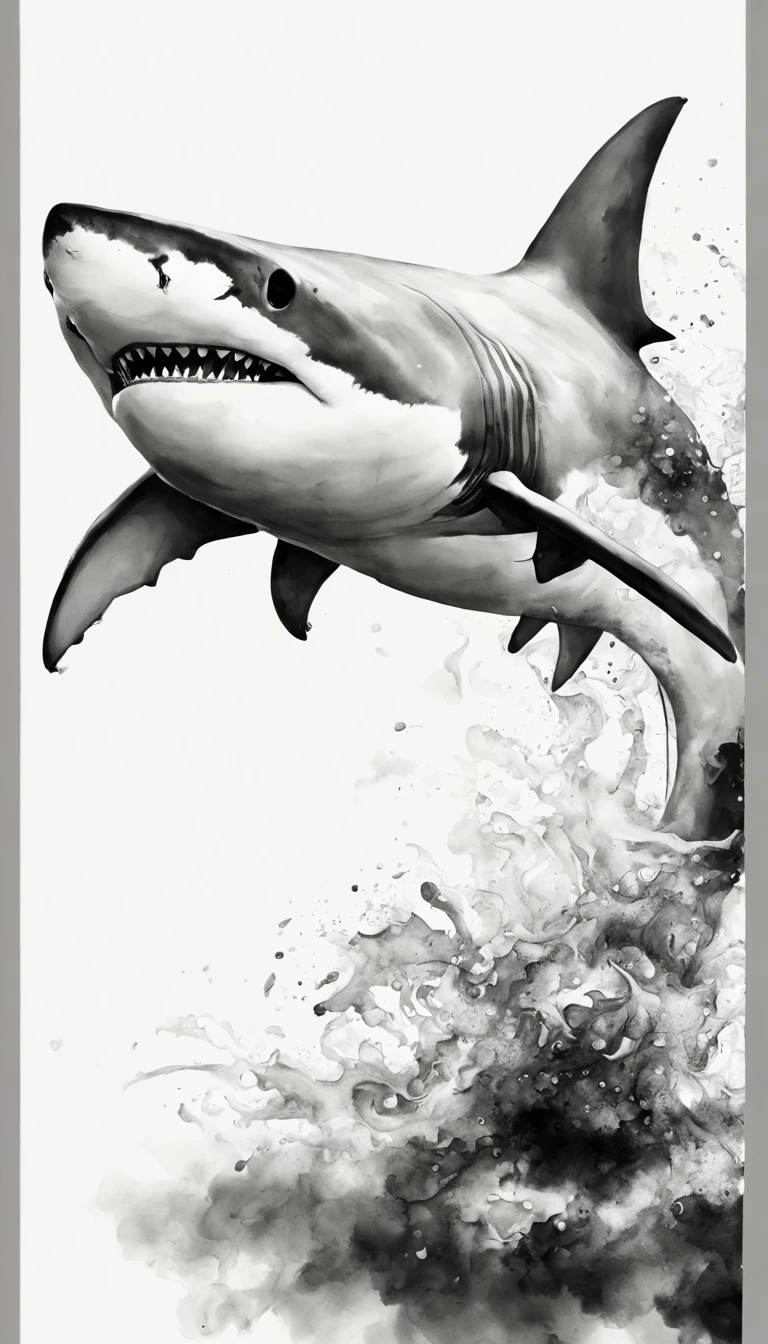 ink painting shark、black and white shark、black and white ink painting、shark ink painting、shark ink painting、no people are depicted、Ink painting of shark only、ink painting in the sea、