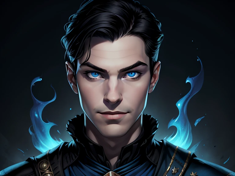 masterpiece, best quality, realistic, 1boy, young male, quiet and charming young boy, 16 year old, a smirk, closed mouth, pale skin, portrait, extremely detailed face, cold and smirk, ((blue eyes)), ((short-right-swept dark black hair)), [thick eyebrows], dark palace, ((Prince)), dim light, evil, blue fire background