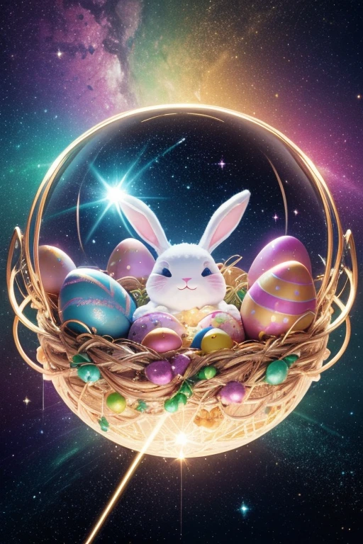 (best quality,4k,highres,masterpiece:1.2),ultra-detailed,realistic,photorealistic:1.37,Easter in space,multicolored vibrant eggs floating in zero gravity,extraterrestrial creatures with festive expressions,playfully twirling among the eggs,cheerful aliens wearing bunny ears and carrying baskets,dazzling starry backdrop with pastel hues,soft gentle lighting highlighting the eggs' intricate patterns and the aliens' sly smiles,celestial glow illuminating the scene,pastel-colored spacesuits adorned with Easter-themed decorations,one alien delicately holding a paintbrush,decorating an egg with cosmic brushstrokes,another alien with bunny slippers,twinkling stars reflecting off their shiny ethereal skin,the spaceship decorated with festive lights and Easter bunny motifs,galaxy-inspired chocolate eggs floating nearby,cracking open to reveal bursts of colorful stardust,glimmering trails of stardust creating a magical atmosphere,sparks of cosmic energy swirling around the aliens,creating an atmosphere of joyful celebration and discovery.