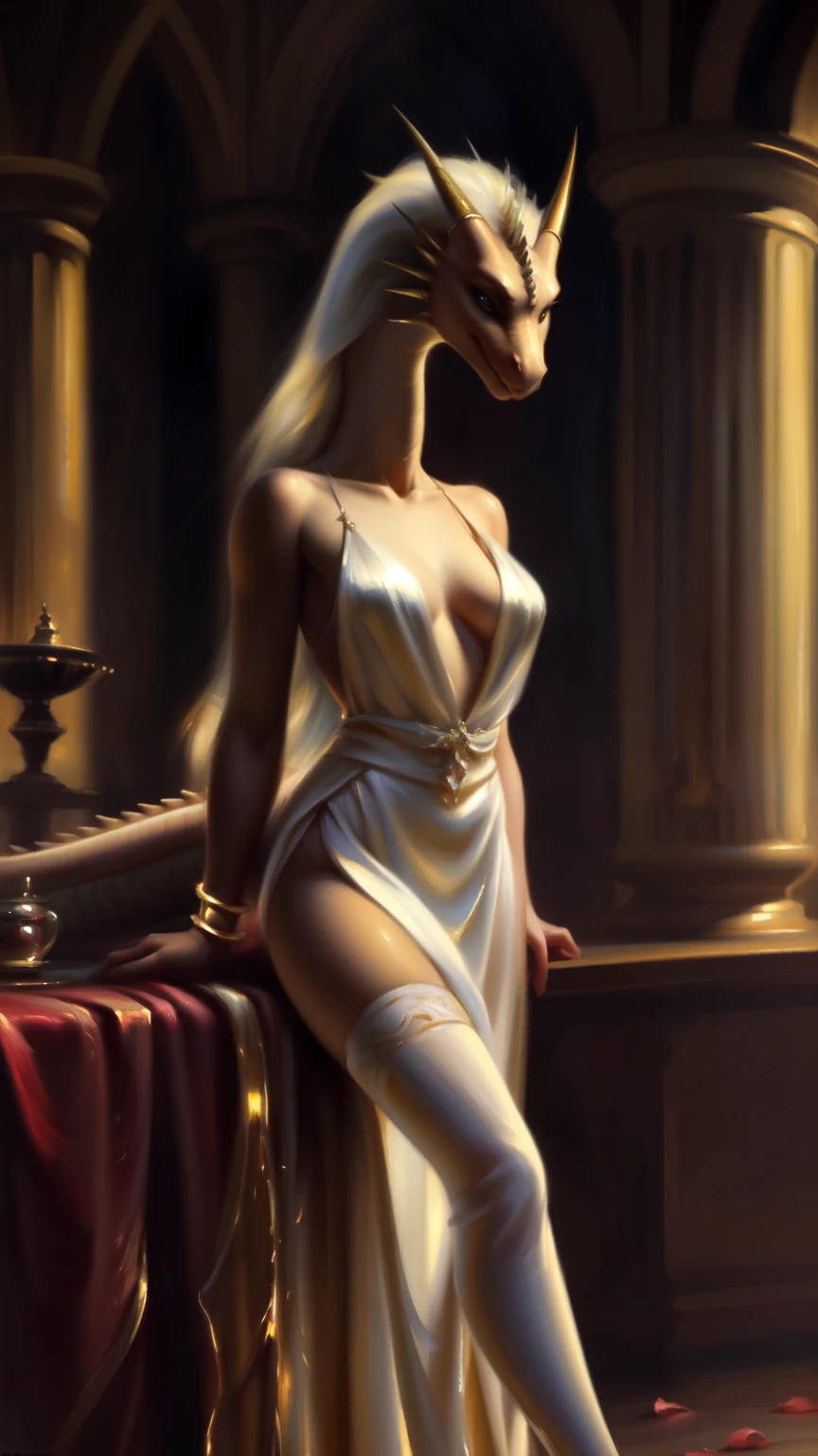 uploaded to e621, by Pixelsketcher, from Bayard Wu, Thomas Benjamin Kennington , from Einhelm, One second, ((Full Length, Master plan)),(detailed lighting of Bonifasco), (Detailed scales), (Detailed skin), ((long, Graceful multi-colored tail)), (loose hair)), ((detailed information)), [Ambient light],  [explicit content], [Sharp Focus], (questionable content), (shaded), ((masterpiece), hiss, flowing long hair, Chest of medium scales, Fluffy multi-colored the Dragon, Dragon Face, furry fantasy art, furry art, high resolution commission, second art, art,Sakimichan is beautiful, masterpiece, Best quality, detailed depiction, bright colors, Detailed face, perfect lighting, Perfect shadows, Perfect eyes, focus on the girl, the Dragon eyes, flawless face, (( Graceful multi-colored tail)) the Dragon, bright skin, dragon girl, can be solved, Scaly Women, Dragon's nose, Large long muzzle, Multi-colored scales, look at the viewer, half-closed eyes, One, (masterpiece), (Best quality), (illustration), long white hair, Detailed scales, Balanced coloring, Global Illumination, ray tracing, good lighting, scales, second, Showing breasts, hands on breast, split, I&#39;m looking at the viewer, Seductive look, nsfv, elegant seducing pose, (The highest level of medieval interior), ((slim and very built, elegant clothes, long slender legs, Long neck)), oil painting, style by Italian artist Pino Daeni, Beautiful girl, the wind blows her hair, rose petals, like snowfall, full height, short chiton above mid-thigh, thin waist,  big eyes, very long eyelashes, golden jewelery, diamond earrings, Gold bracelets, long beautiful legs, , ultra high quality model, чистое Detailed face, Exquisite clothing, white stockings, transparent nightgown