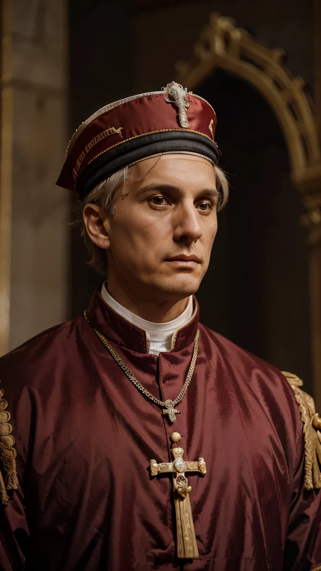 Generate a visually compelling representation of Pope Benedict IX, the controversial figure known for his scandalous pontificate (1032–1044) and involvement in political and moral controversies. Emphasize the historical context, capturing his complex character and the tumultuous events surrounding his reign. Consider incorporating elements like papal regalia, Tusculum, and the chaotic atmosphere of medieval Rome into the image. Strive for a vivid and thought-provoking visual interpretation of this historical persona.