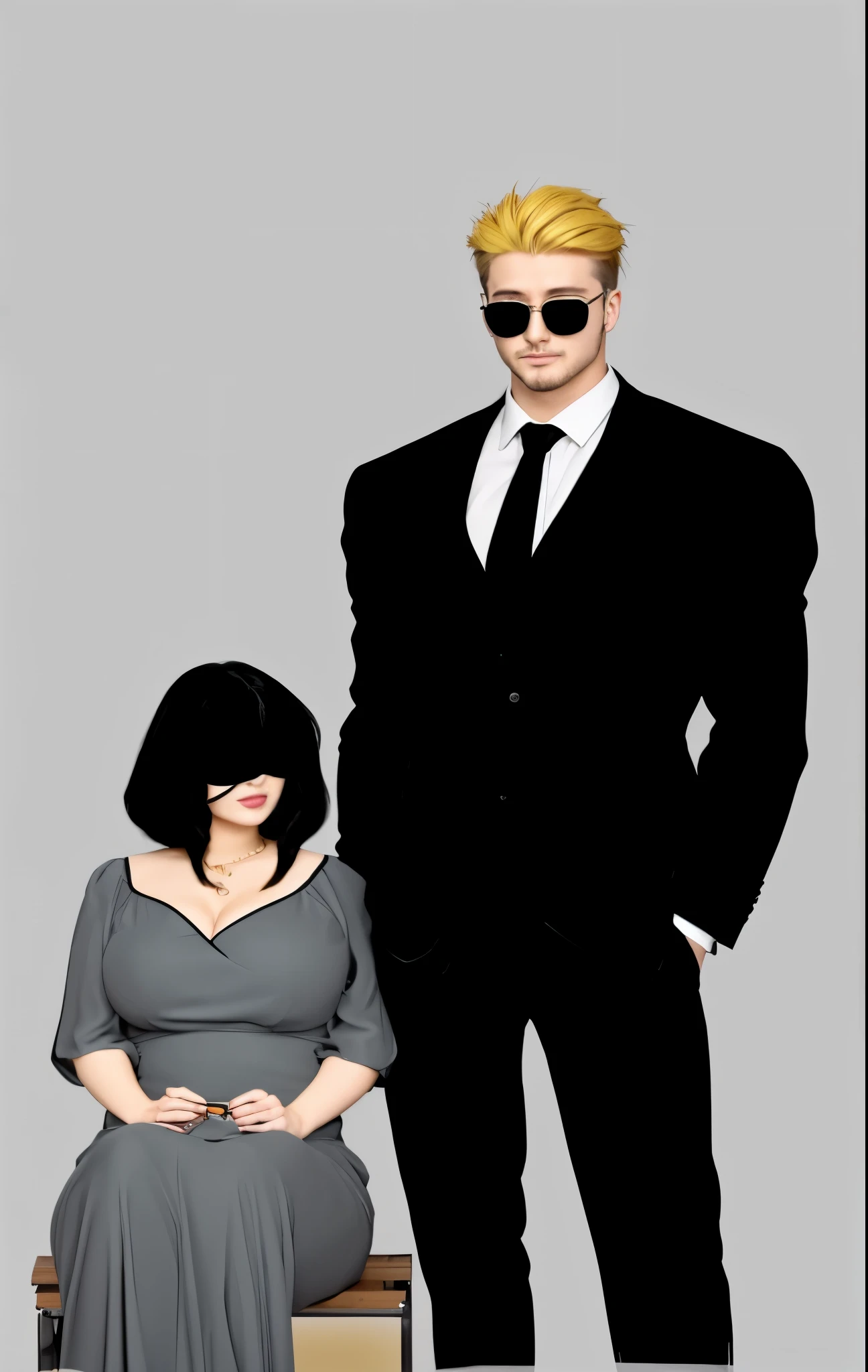 a man standing bravely, and a woman sitting on a bench, they are a husband and wife, the husband wears a black suit with a tall, sturdy body and is handsome, wears glasses and has golden yellow hair, the wife is beautiful with hair that covers her eyes and a slim body. contains very sexy