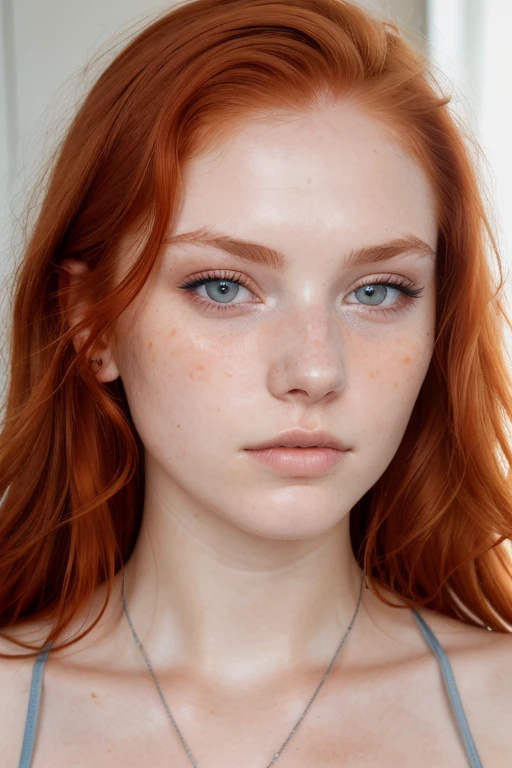 raw, a photo of a seductive teenager with loose styled, (redhead hair:1.2), bored, she is wearing a blue halter top, mascara, close up of face, (textured skin, skin pores:1.1), imperfect skin, goosebumps, flawless face, (sun-kissed:1.1), ((photorealistic):1.1),