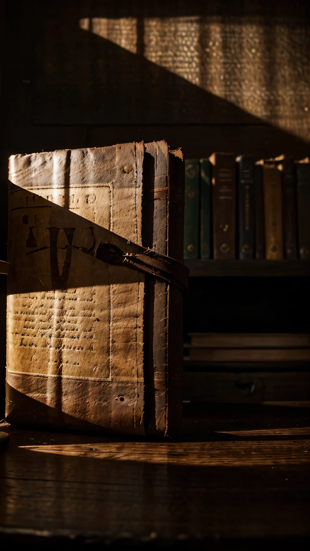 Generate a rich and atmospheric scene featuring an old book with a weathered leather cover resting on an aged wooden desk in a dimly lit, dark room. Emphasize the texture and details of the book cover, highlighting the wear and tear indicative of its age. Illuminate the scene with subtle ambient lighting that casts shadows on the uneven surface of the desk. Convey a sense of nostalgia and history, evoking the timeless charm of vintage literature. Ensure the composition captures the unique ambiance of an intimate and antique setting, allowing viewers to feel the weight of time within the scene.
