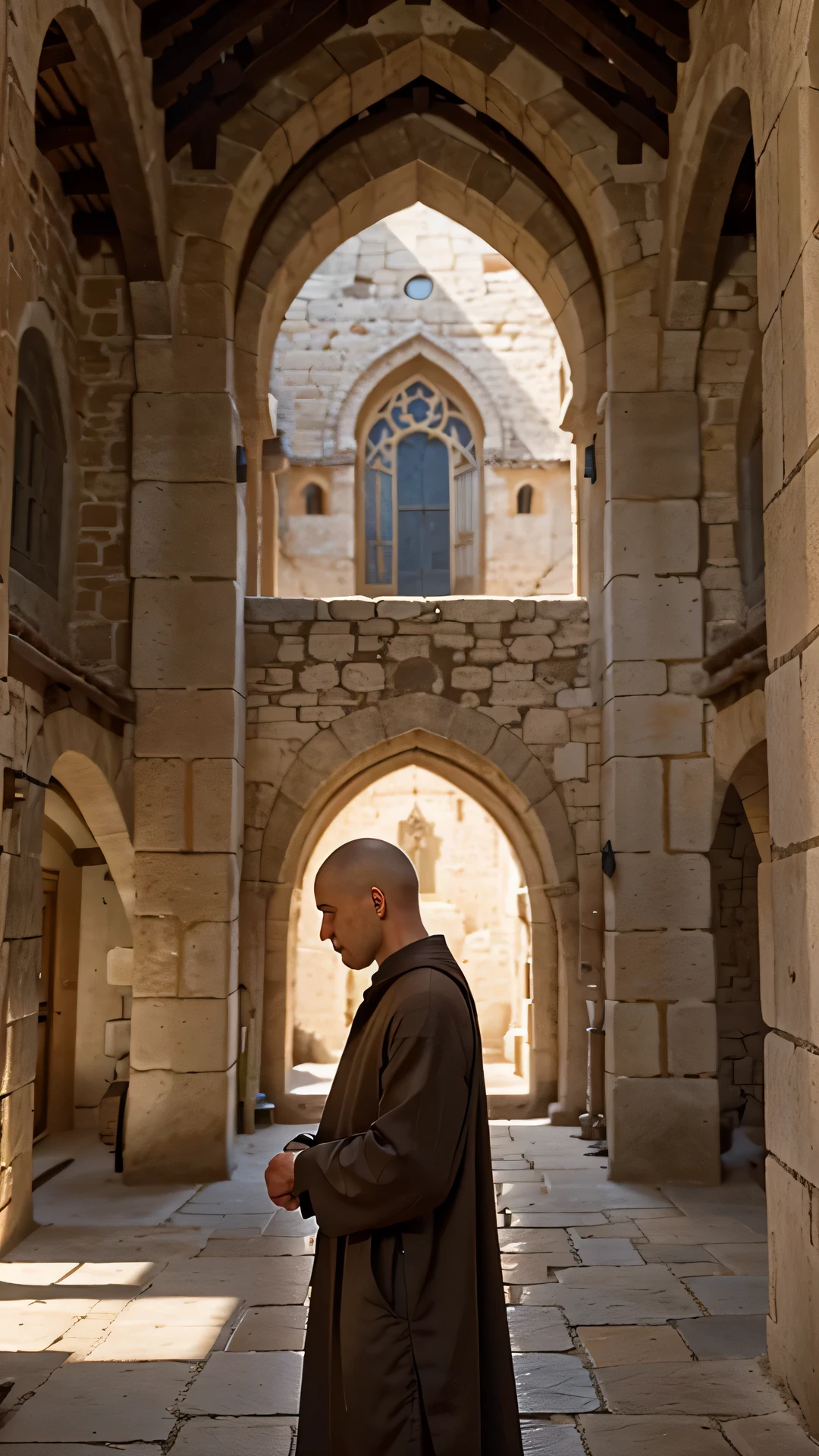 Create a serene and contemplative scene featuring a monk standing next to a medieval monastery. Envision the monk in traditional monastic attire, engaged in a quiet moment of reflection or prayer. Emphasize the peaceful surroundings of the monastery, portraying architectural details such as weathered stone walls, arched doorways, and tranquil courtyards. Utilize soft, natural lighting to evoke a sense of spiritual calmness. Capture the essence of the medieval monastic lifestyle, conveying the harmony between the monk and the monastery's architectural elements. Strive for a composition that radiates tranquility and the timeless devotion of a monk within the historical setting.