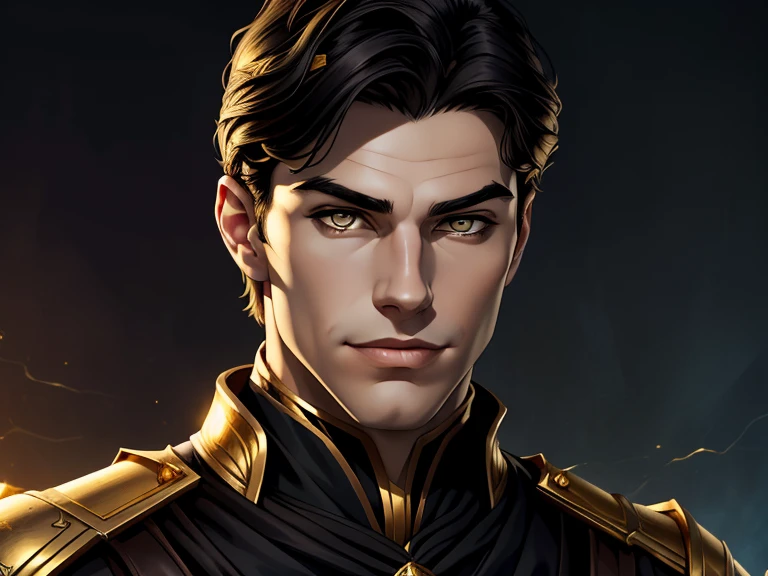 masterpiece, best quality, realistic, 1boy, mature male, quiet and charming young teen, 19 year old, a smirk, closed mouth, pale skin, portrait, extremely detailed face, cold and smirk, ((dark gold eyes)), ((short-right-swept dark black hair)), [thick eyebrows], dark palace, ((King)), dim light, evil, blue fire background