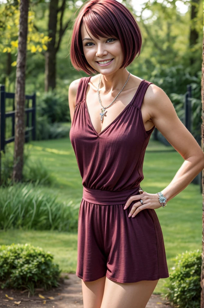 Mature woman, beautiful woman, looking at the viewer, maroon hair, short hair, dark blue romper, chubby, arms open for a hug, forest, heart-shaped locket, diamond tennis bracelet on her left wrist, sunny, wedding ring, joyful, 
