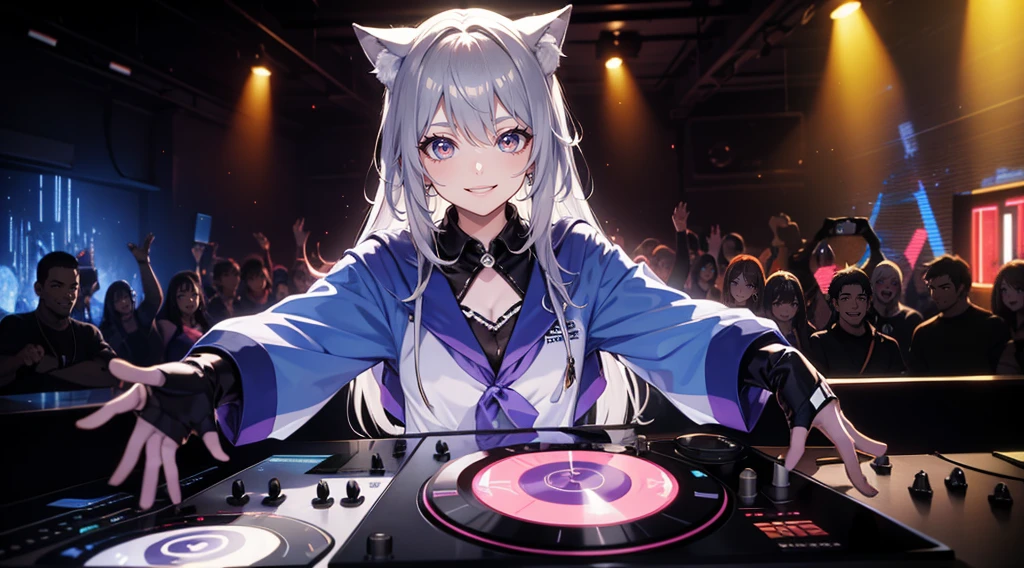 a silver DJ wolf in colorful clothing and smiling operating a turntable in a nightclub with many colored lights - 4k - anime style
