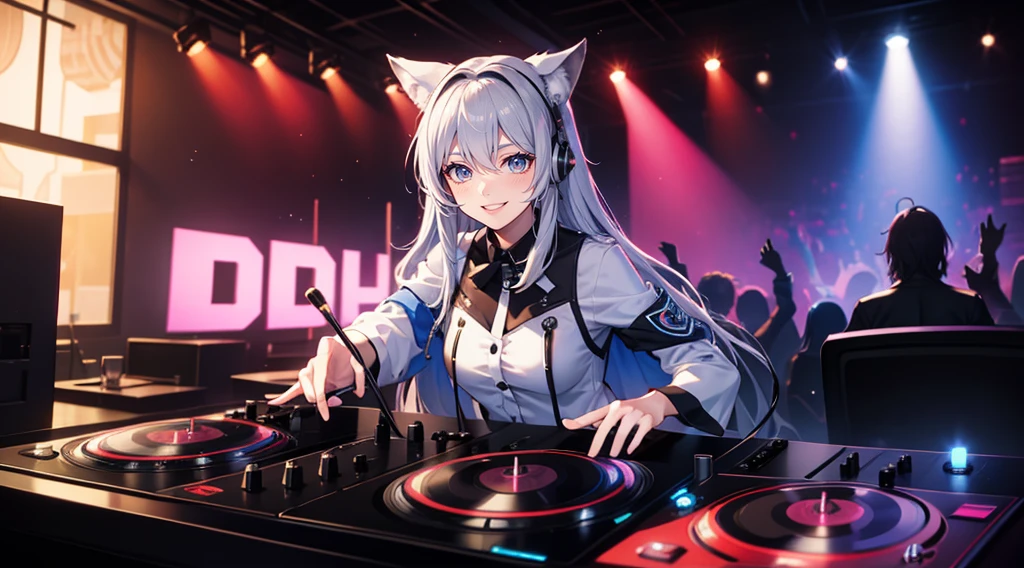 a silver DJ wolf in colorful clothing and smiling operating a turntable in a nightclub with many colored lights - 4k - anime style