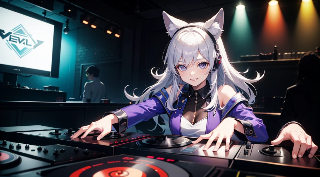 a silver DJ wolf in colorful clothing and smiling operating a turntable in a nightclub with many colored lights - 4k - anime style