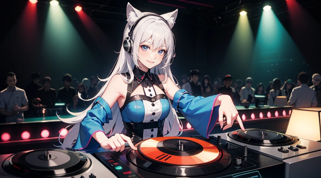 a silver DJ wolf in colorful clothing and smiling operating a turntable in a nightclub with many colored lights - 4k - anime style