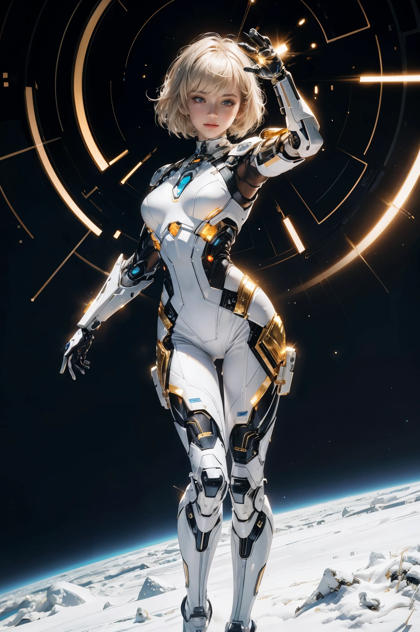 white bg,white background,Beautiful cybernetic girl looking at camera full body suit ,sci fi suit ,detailed muscles realistic masterpiece,Active Pose、action pose、LED Light、Gold Parts、bangs、Short Hair、front view、 colorful ,head to thigh ,torso,white bg,white background,