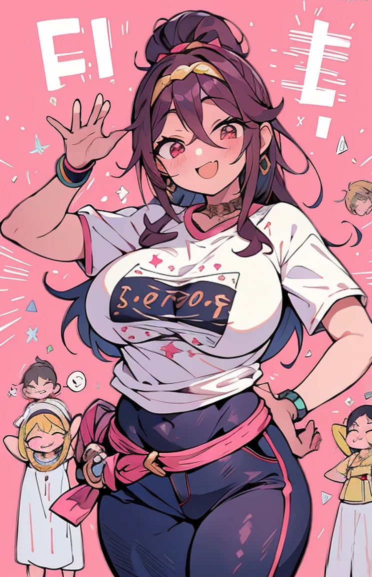 camiseta preta、pink leather pants、senhora adulta、(busto enorme)、Local do Festival、Many women are gathered here、corpo inteiro Esbian、Parece feliz、celebration、banzai、Sorriso gentil、Mulheres lindas、fundos lindos、{{{melhor qualidade}}}, {{ultra-detalhado}}, {illustration},{{{obra de arte}}},