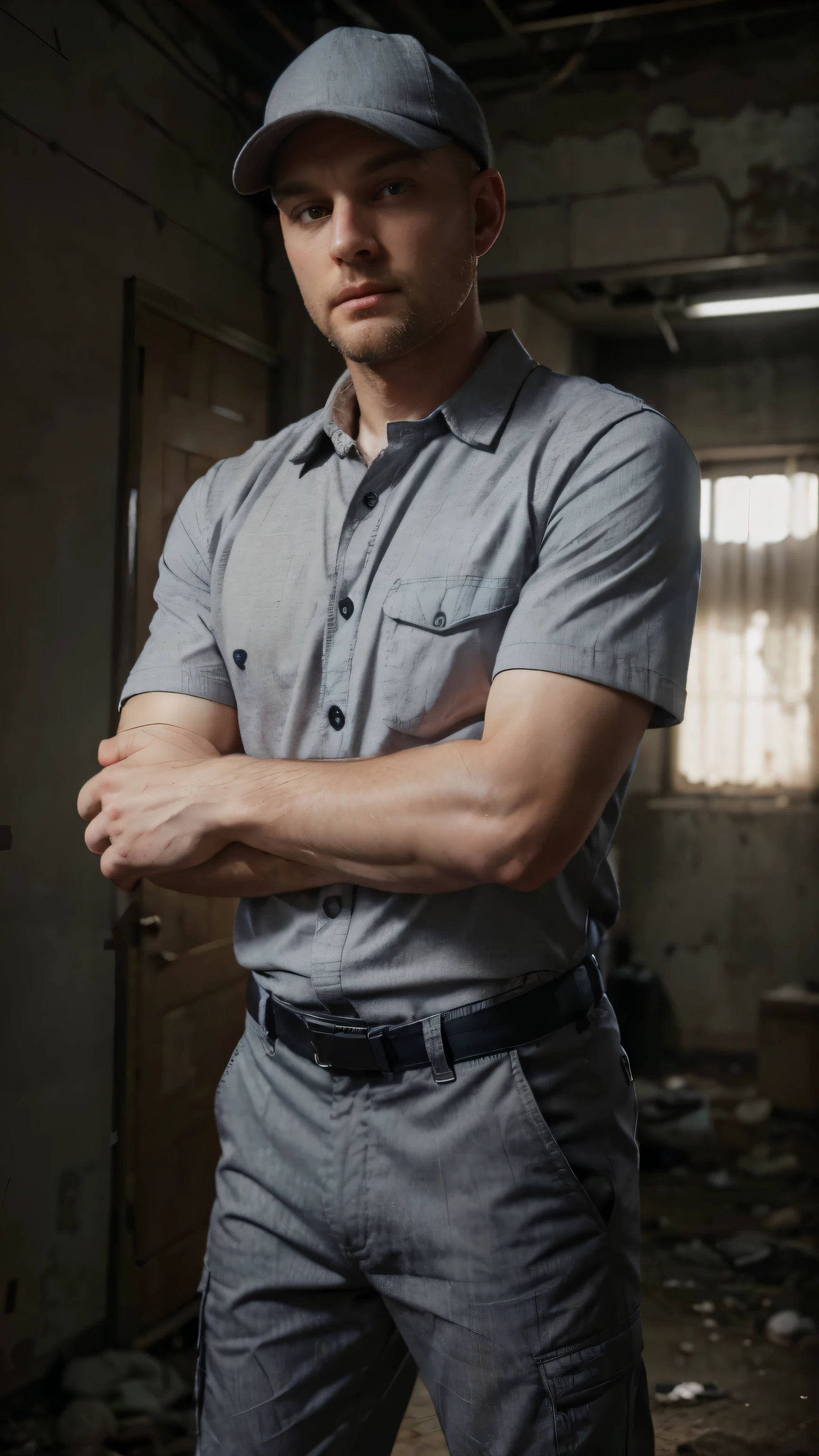 Homem branco careca com rosto redondo, barba curta e olhos azuis, with arms crossed, wearing a grey cap, com uniforme, wearing a gray button-down shirt with short sleeves tucked into pants, a pair of gray cargo pants and black boots in a post-apocalyptic abandoned place, realistic cinematic action scene
