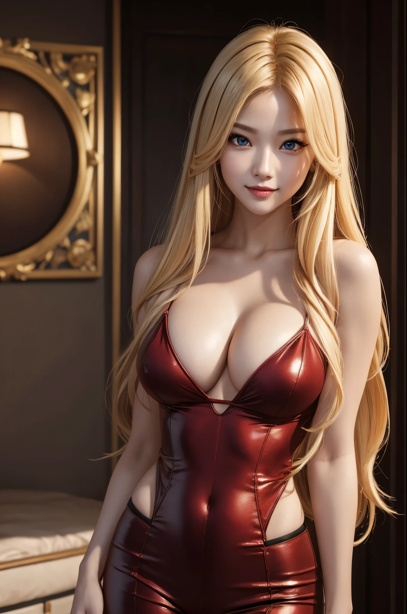 ((8K,High image quality High image quality、masterpiece:1.4))、1 person、、long blonde hair、gradient hair、Super Beautiful Demon Hunter、beautiful expression、red lips,beautiful eyes、Models with large breasts、perfect face shape(like the real thing)、赤いsexyな外装、shiny black and red pants,With a large kissel,golden decoration,realistic proportions、ダイナミックpose、advanced details、sexy、intricate details、realistic eyes、realistic eyesのプロポーション、smile、32K、realistic lighting、extreme details、現実的なborn徒、realistic proportion eyes、realistic proportionsのborn徒、realistic shadow、Evafee,ultra high resolution,Super realistic,sexypose,Close-up,comb your hair,rich colors, Backlight, cinematic lighting, film grain, born, 50mm lens, Nikon D850,ultra high resolution,Super realistic,Makeup,sexy,Mr.々pose,