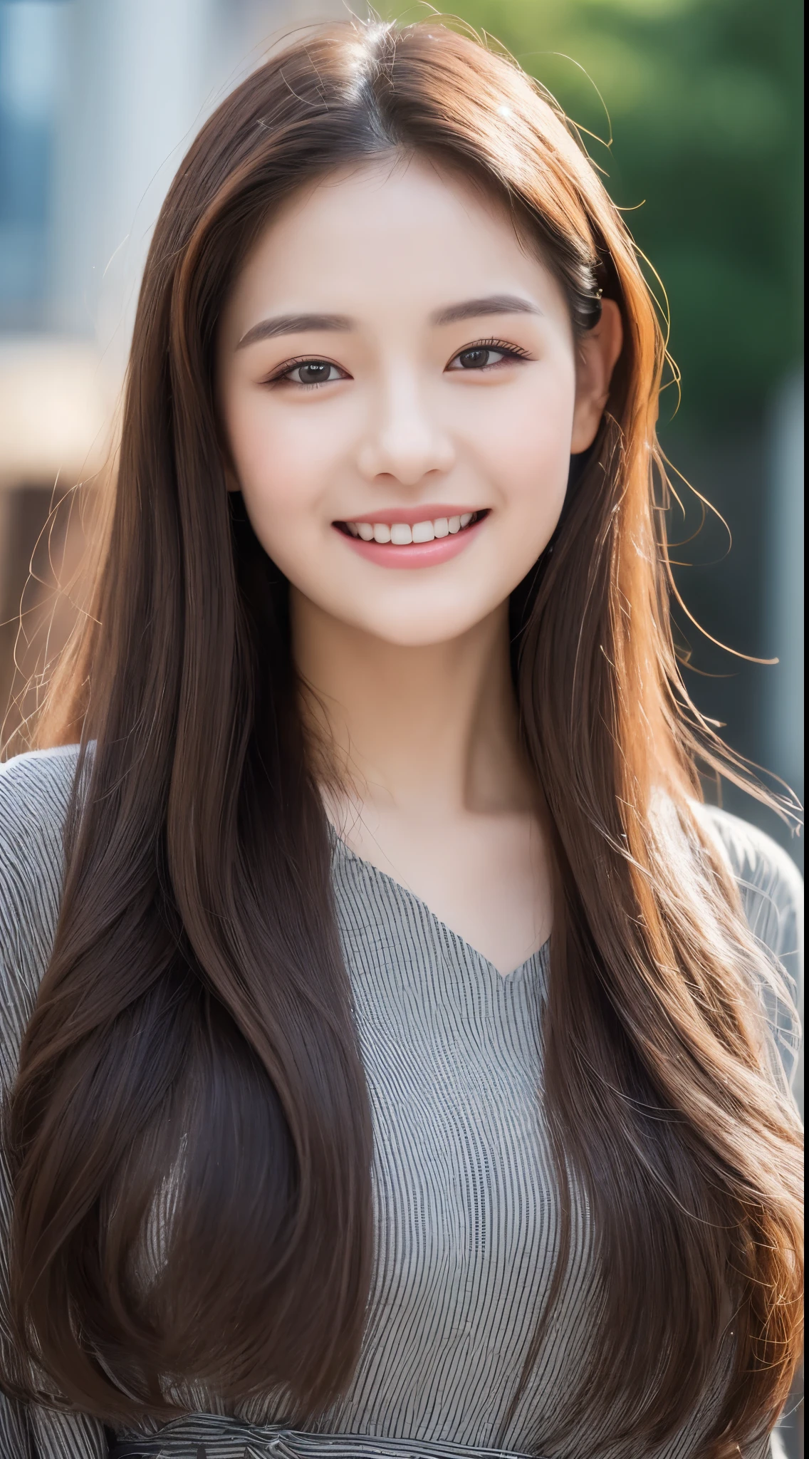 ((Best quality, 8k, Masterpiece :1.3)), 1girl, smiling, full body, slim face, Pretty woman, (Dark brown hair), full length dress :1.1, Ultra-detailed face, Detailed eyes, Double eyelid, blur background, slim face, city, outside, street,