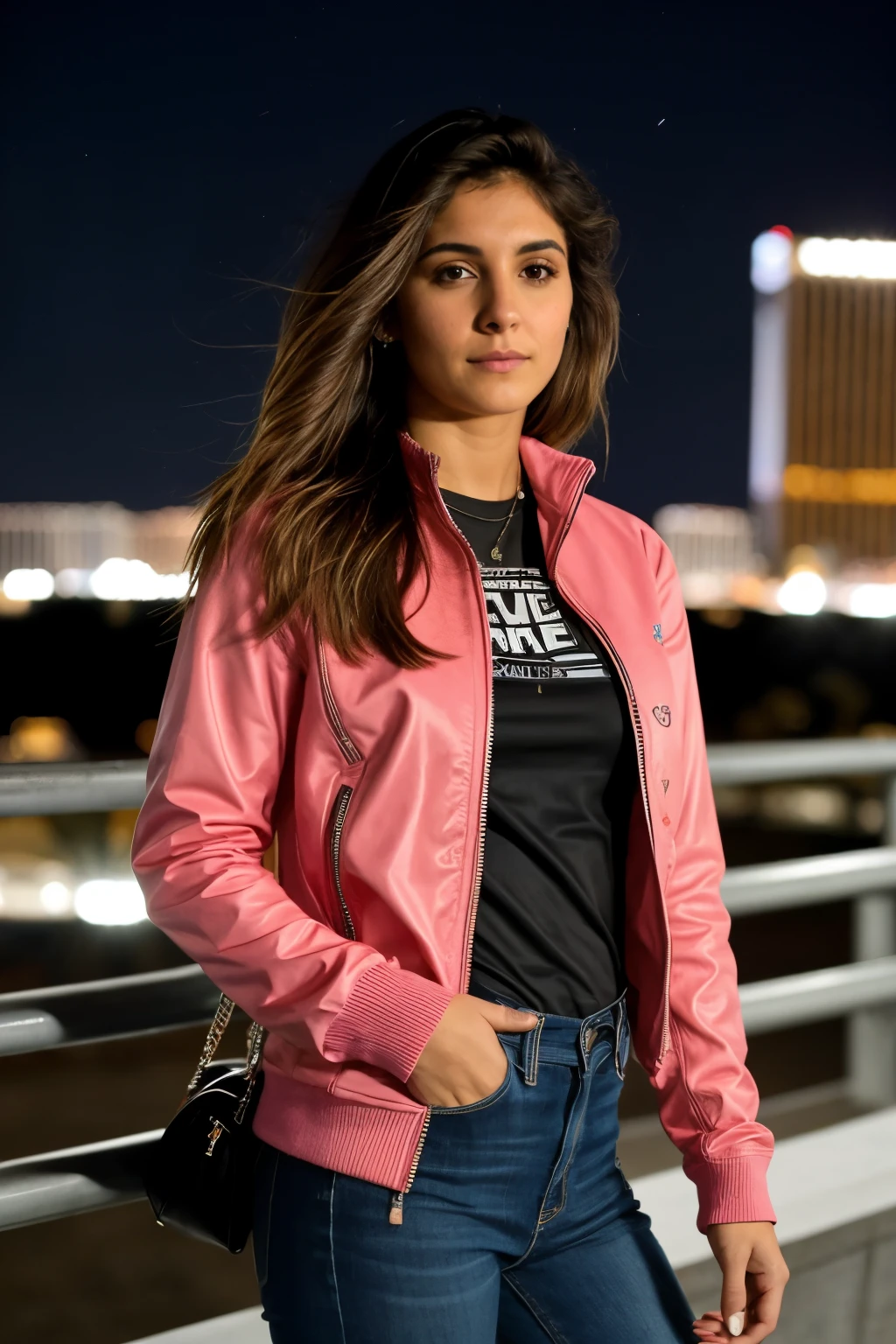 ((Mejor calidad)), ((obra maestra)), (detallado), cara perfecta. 27yr old female, cuerpo completo, cabello de color rosa, pantalon vaquero corto, chaqueta de cuero estilo motorista, fondo nocturno en las vegas, manos bien definidas,camisa debajo de la chaqueta en la parte superior del cuerpo.
