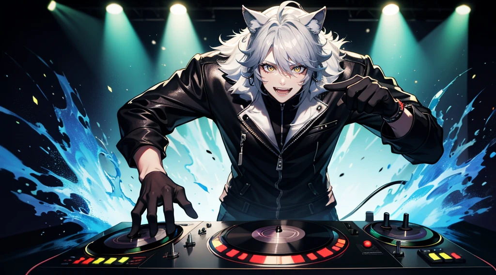 a silver wolf man DJ in colorful clothing and smiling operating a turntable in a nightclub with many colorful lights - 4k - anime style