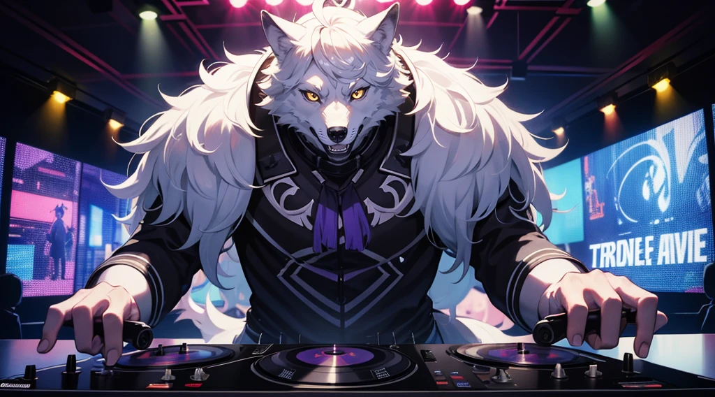 a silver wolf man DJ in colorful clothing and smiling operating a turntable in a nightclub with many colorful lights - 4k - anime style