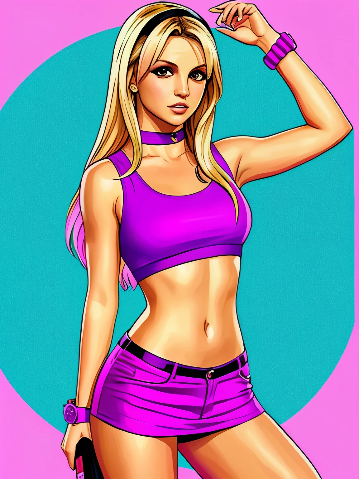 GTA 6 design, Britney Spears, pink outfit, Realistic full color illustration, Award-winning color illustration, (Detalle complicado), (buen detalle)