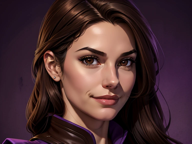 masterpiece, best quality, realistic, 1girl, mature female, quiet and charming young , 18 year old, a smirk, closed mouth, dark skin, portrait, extremely detailed face, cold and smirk, ((dark brown  eyes)), ((long dark brown hair with gray ends)), [thin eyebrows], dark palace, ((Princess)), dim light, evil, purple Thunder background