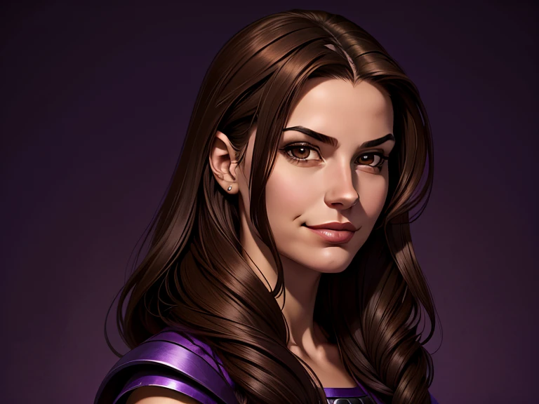 masterpiece, best quality, realistic, 1girl, mature female, quiet and charming young , 18 year old, a smirk, closed mouth, dark skin, portrait, extremely detailed face, cold and smirk, ((dark brown  eyes)), ((long dark brown hair with gray ends)), [thin eyebrows], dark palace, ((Princess)), dim light, evil, purple Thunder background