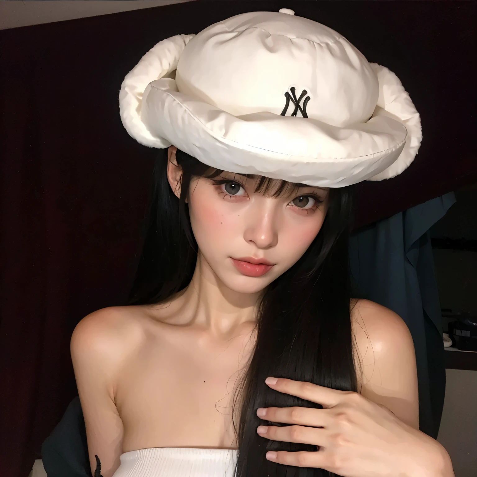 araffe woman with long black hair wearing a White hat, usando uma touca de banho branca, pale milky white porcelain skin, White hat, seda tem, 2 modelo feminino de 4 anos, 2 0 2 0 moda, with hat, wenfei you, Bela Delfina, sakimichan, White cap, cabelo com franja branca, wearing a choker and a cute hat