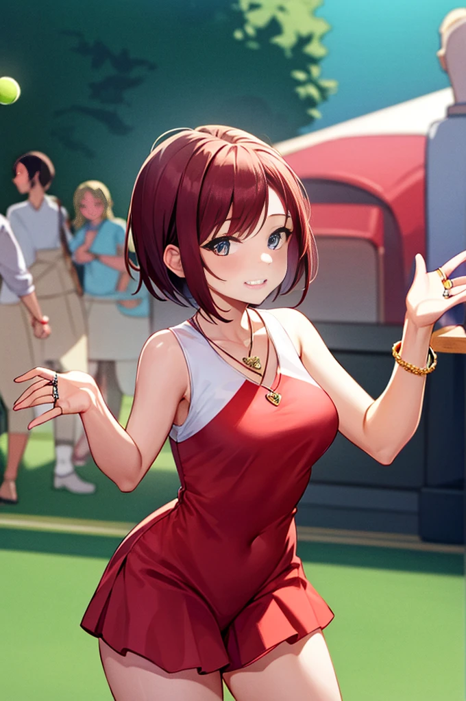 Mature woman, beautiful woman, looking at the viewer, maroon hair, short hair, dark blue romper, chubby, arms open for a hug, forest, heart-shaped locket, diamond tennis bracelet on her left wrist, sunny, wedding ring, joyful, kukri in her hand.
