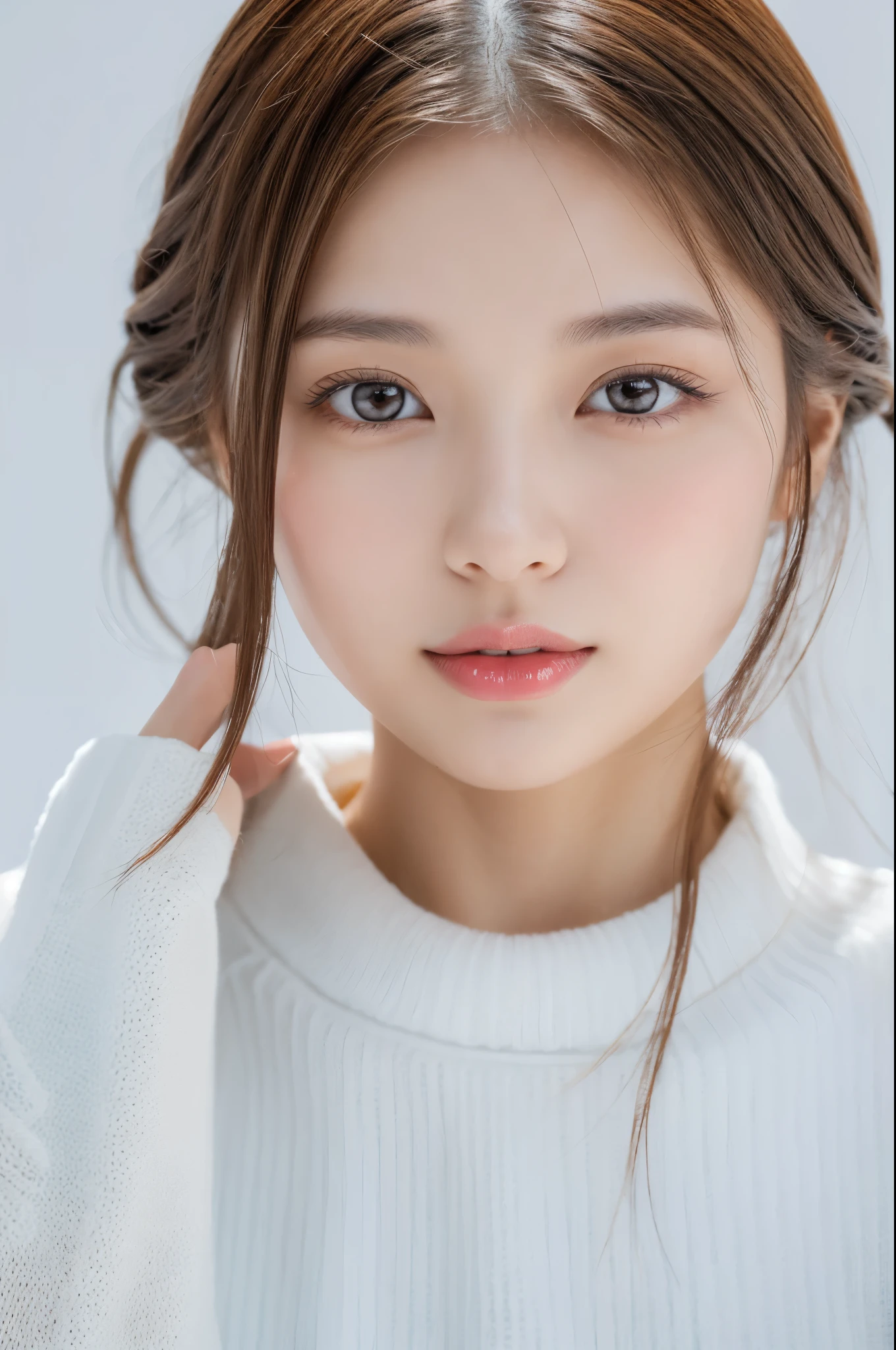 Young japanese lady, 30s, White background, It features a simple背景, white-brown hair, slender, 4K, in 8K, High quality, Beauty, Beautiful eyes, It features a simple, High resolution,1 person,Beautiful skins,Beautiful skin,wearing a white knit,Winters,lipsticks