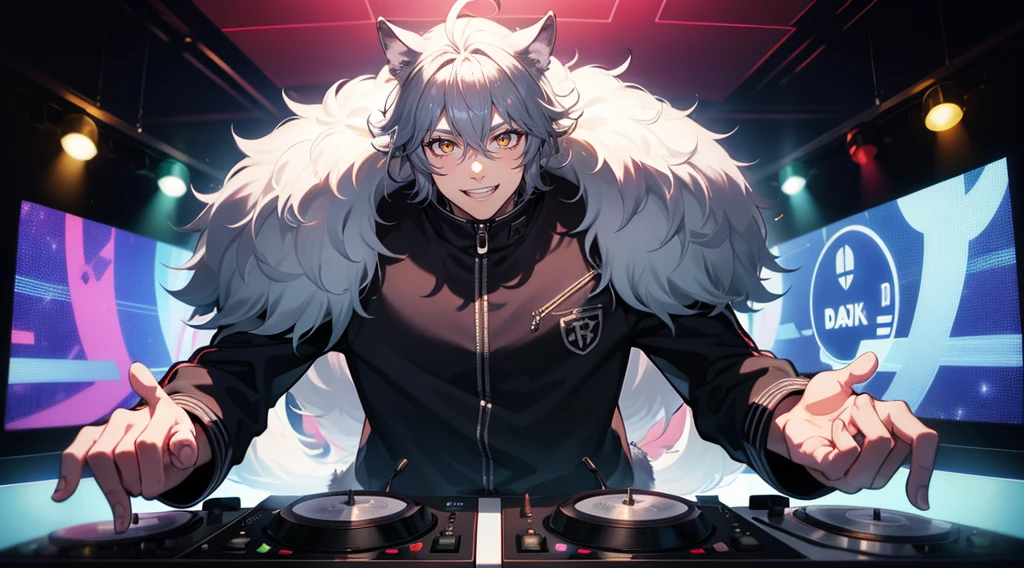 a silver wolf man DJ in colorful clothing and smiling operating a turntable in a nightclub with many colorful lights - 4k - anime style