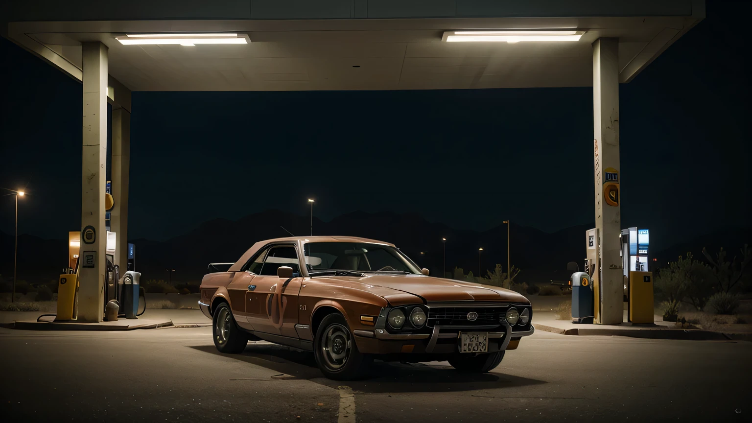 A car parked near a abondened gas station in desert, Horror, quebrado, Distorcido, luz distorcida, Cinematic masterpiece, ultra high resolution, alta qualidade, cinematic lighting, luz baixa, noite