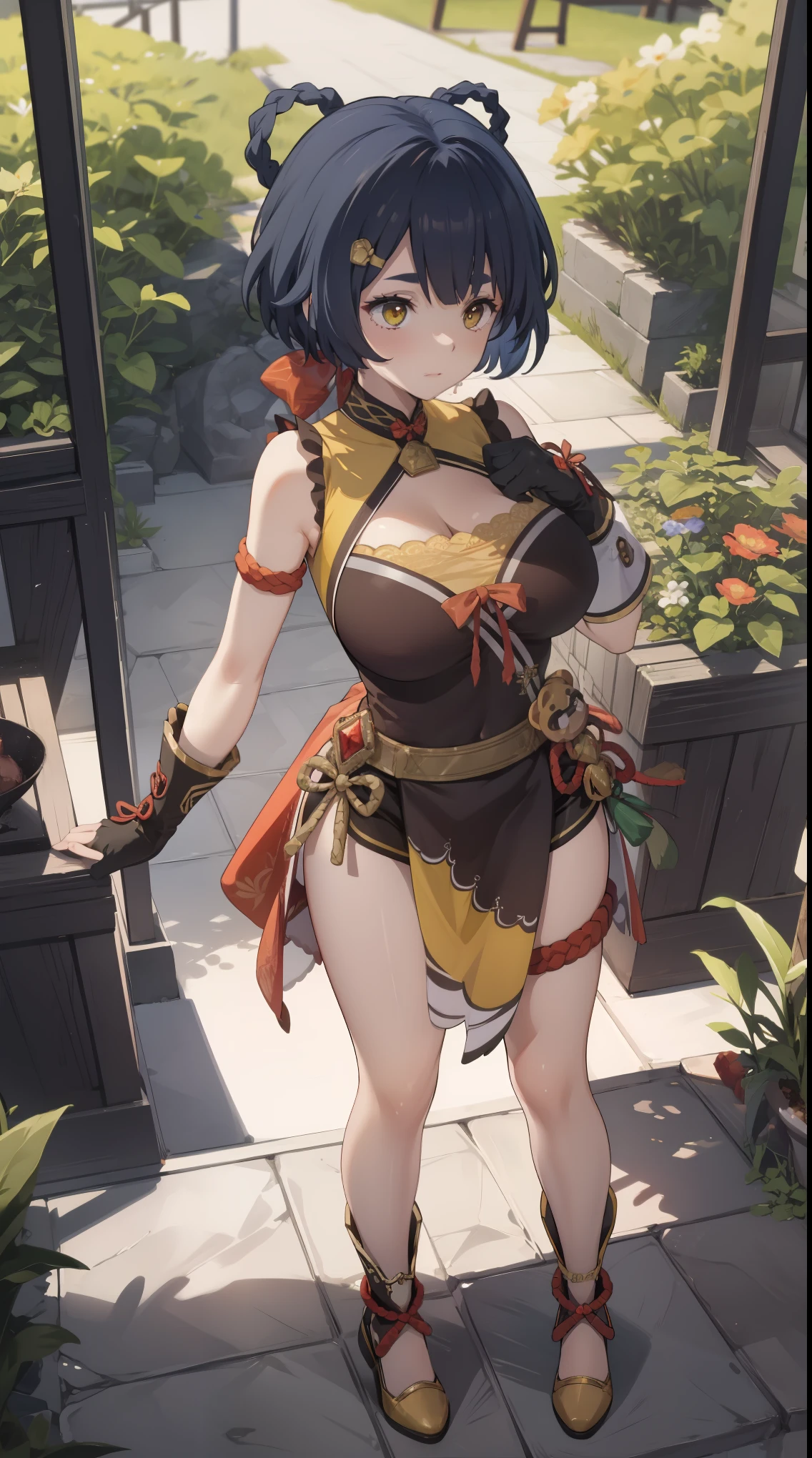 xiangling \(genshin impact\),1girl,blue hair, short hair, thick eyebrows, hairclip, hair rings, braid, yellow eyes, (Beautiful,Huge_Breasts:1.3),
BREAK
, 1girl, solo, Standing in the garden, full body, full figure,
BREAK
, Garden,
BREAK
, bow, glove, chinese clothes, sleeveless, bare shoulders, pelvic curtain, belt,
BREAK
, official art, extremely detailed CG unity 8k wallpaper, perfect lighting, Colorful, (best_quality:1.0), ultra high res,4K, ultra-detailed, 8K, HDR, high resolution, absurdres:1.2, film grain, blurry background, (vibrant_color:1.2), (beautiful_face:1.5), (narrow waist),