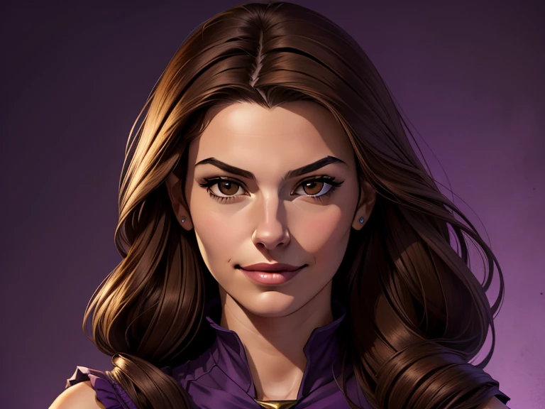 masterpiece, best quality, realistic, 1girl, mature female, quiet and charming young teen, 18 year old, a smirk, closed mouth, light brown skin, portrait, extremely detailed face, cold and smirk, ((dark brown eyes)), ((long dark brown hair with gray ends)), [thin eyebrows], dark palace, ((Princess)), dim light, evil, purple Thunder light background