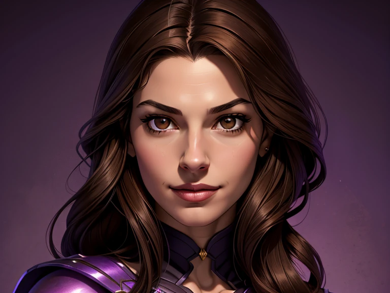 masterpiece, best quality, realistic, 1girl, mature female, quiet and charming young teen, 18 year old, a smirk, closed mouth, light brown skin, portrait, extremely detailed face, cold and smirk, ((dark brown eyes)), ((long dark brown hair with gray ends)), [thin eyebrows], dark palace, ((Princess)), dim light, evil, purple Thunder light background